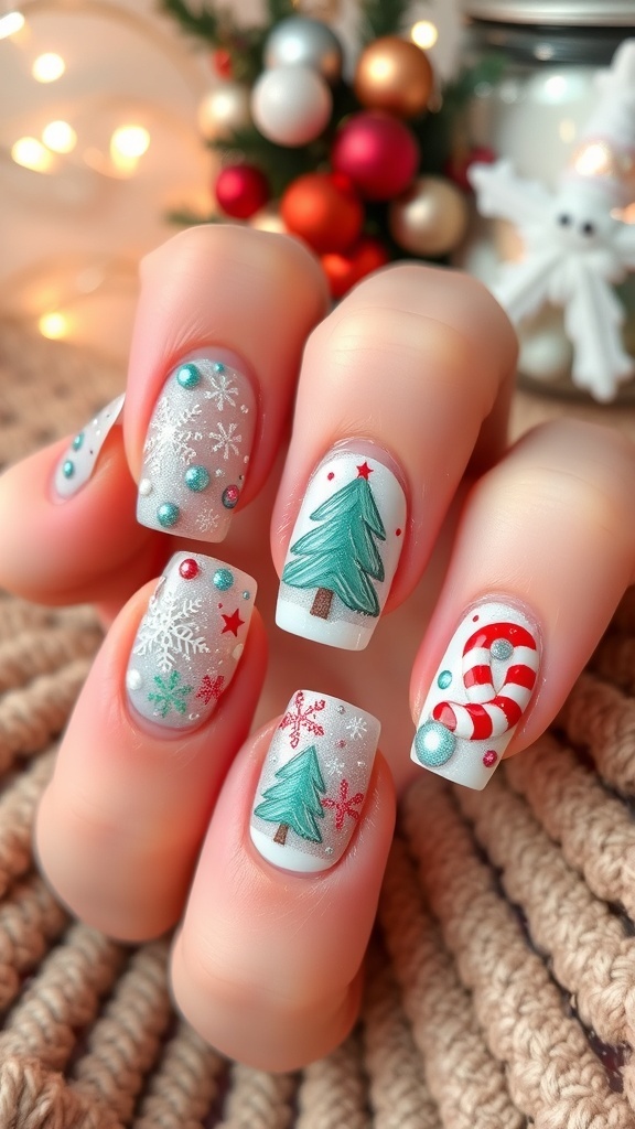 Easy Winter Christmas Nail Art A variety of winter Christmas nail art designs showcasing snowflakes, trees, and festive colors.